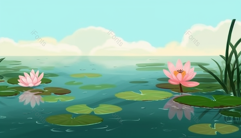 云朵夏天夏至荷花盛开开花荷叶植物水面户外景色自然插画,插画/手绘图,插画/手绘图库,插画/手绘图下载,插画/手绘